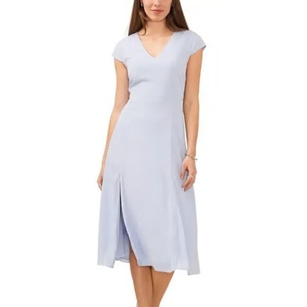 Halogen Dress Cap Sleeve V-Neck Cutout Back Front Slit A-Line Midi Light Blue L